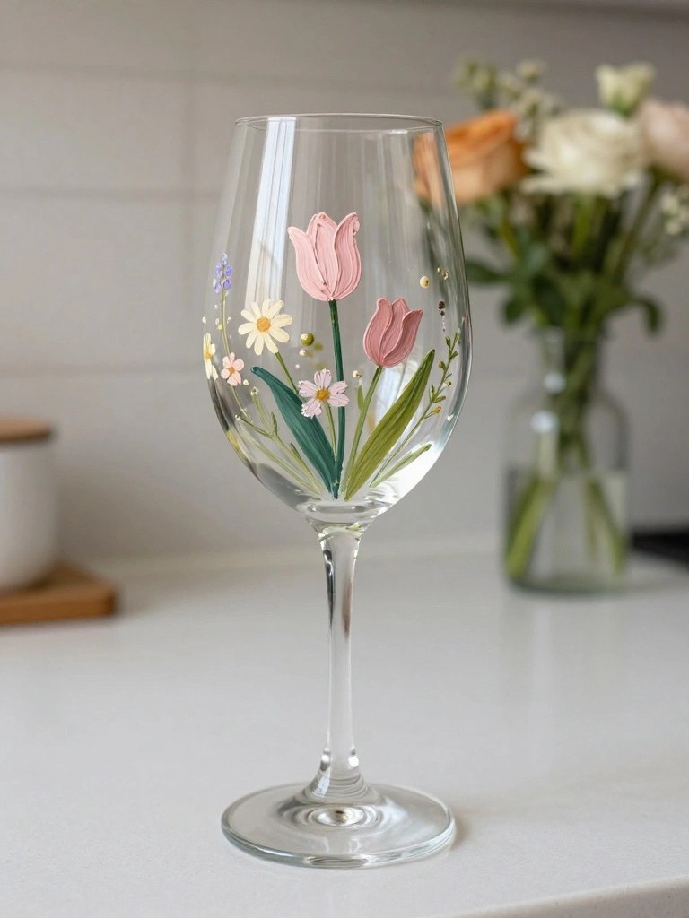 Clear wine glass hand-painted with pink tulips, daisies, and gold dots