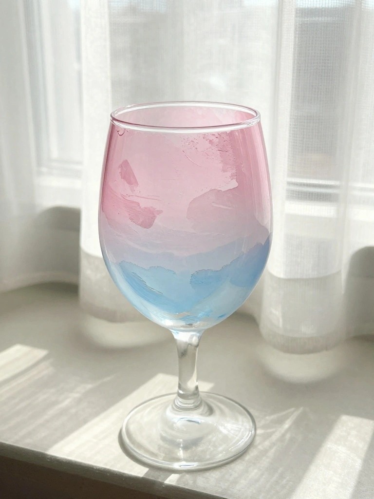 Painted wine glass with pink and blue brushstrokes on sunny windowsill.