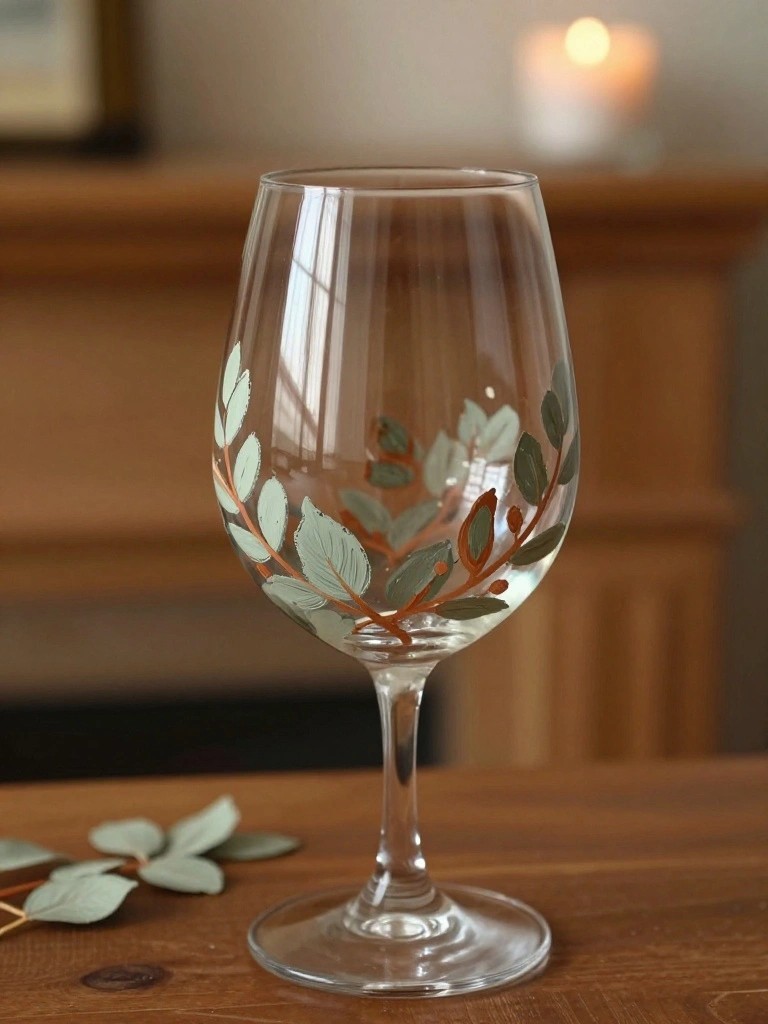 Clear wine glass with hand-painted green leaves and brown branches on wooden table.
