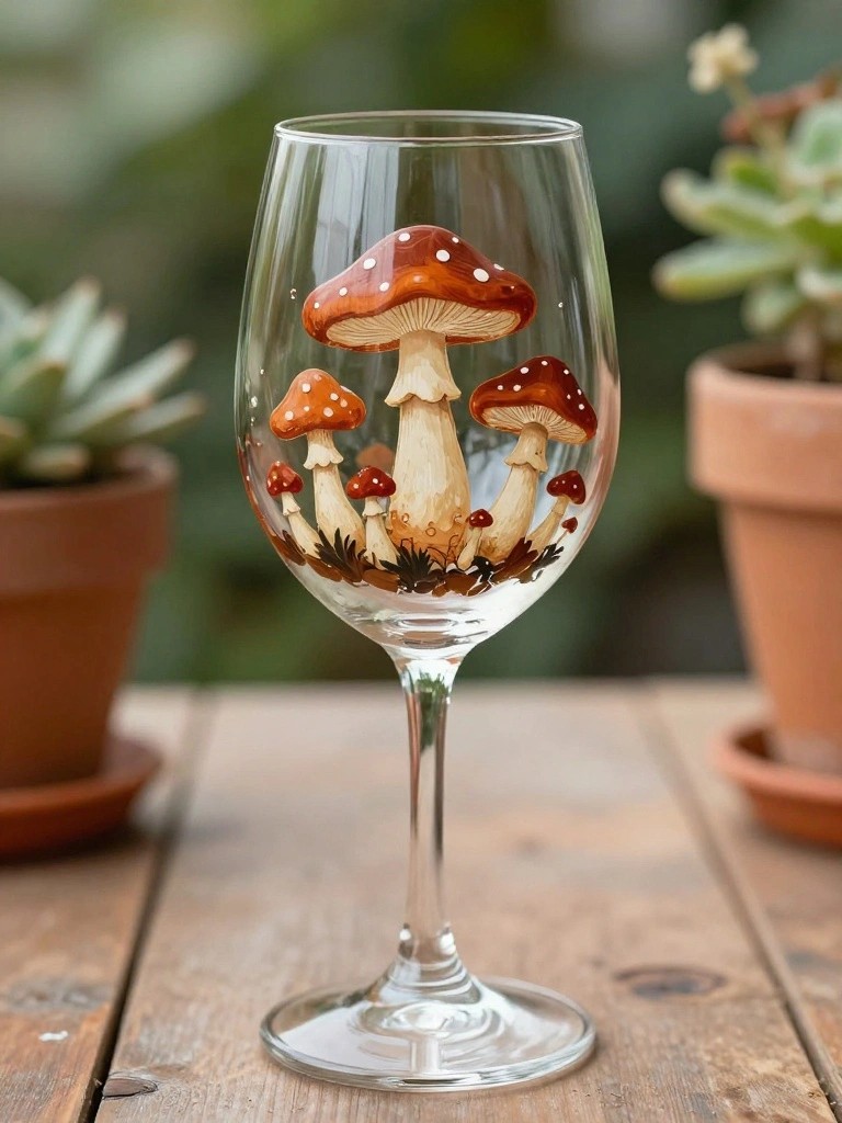 A clear wine glass painted with a cluster of brown and red mushrooms on the bowl, sitting on a wooden table.