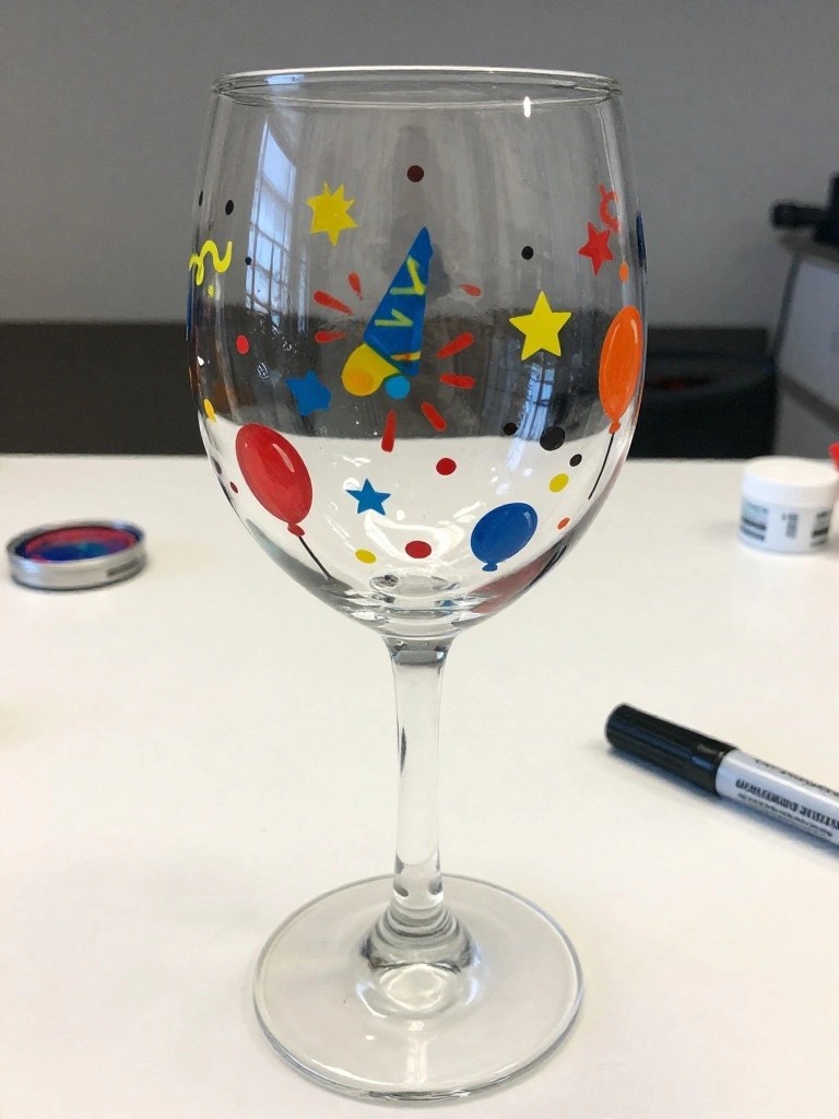 A clear wine glass on a white table has hand-painted red and blue balloons, yellow stars, a blue party hat, and colorful dots and lines around the bowl.