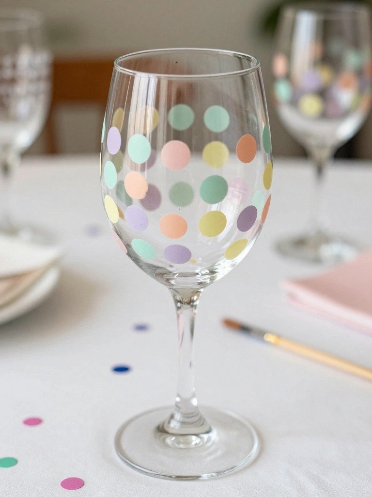 Stemmed wine glass with pastel polka dots on white tablecloth