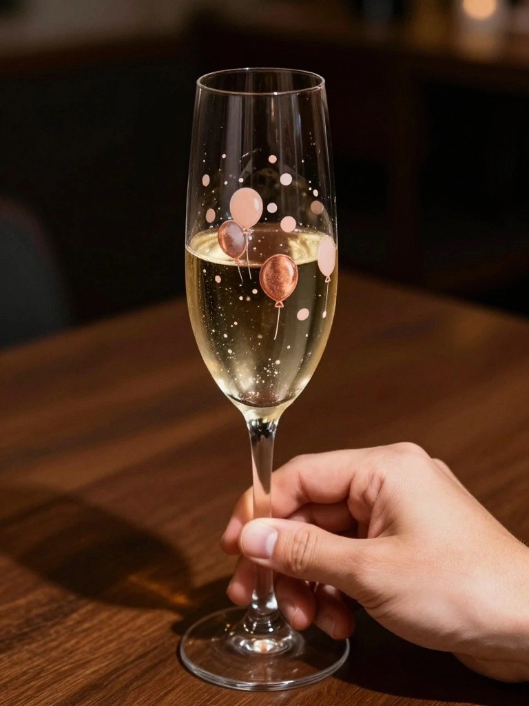 Hand holding champagne flute with rose gold balloon decals and sparkling wine
