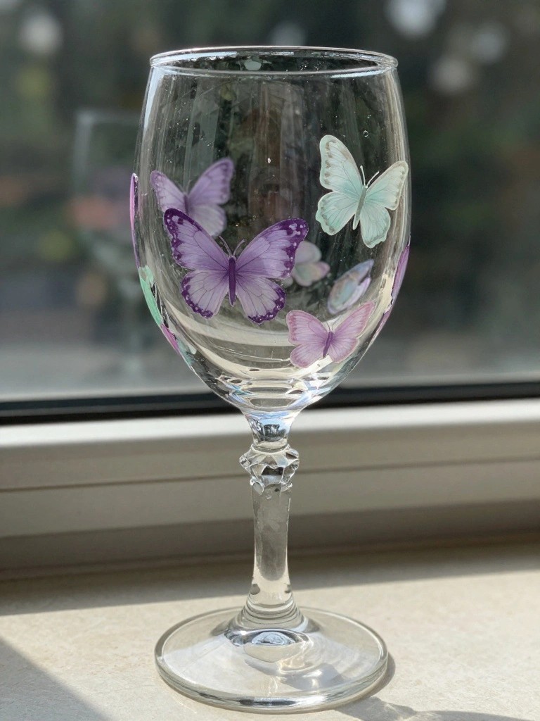 Wine glass adorned with purple, pink, and turquoise butterfly decals on windowsill.