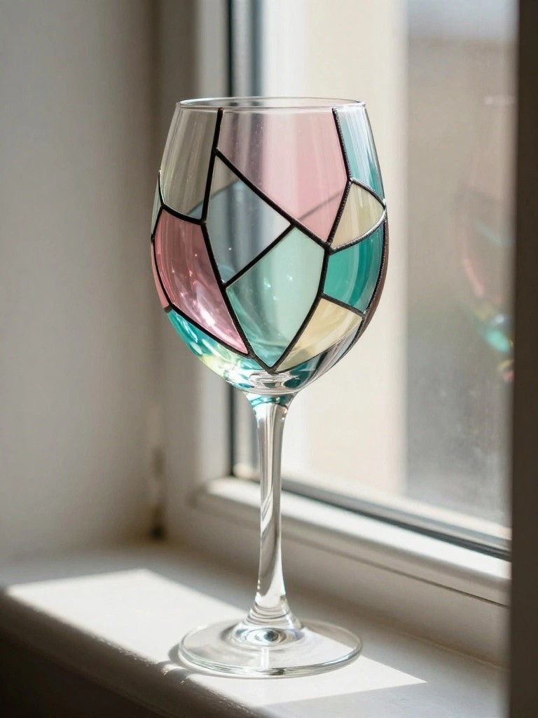 Stained glass wine glass with pink, turquoise, and green panels on a windowsill.