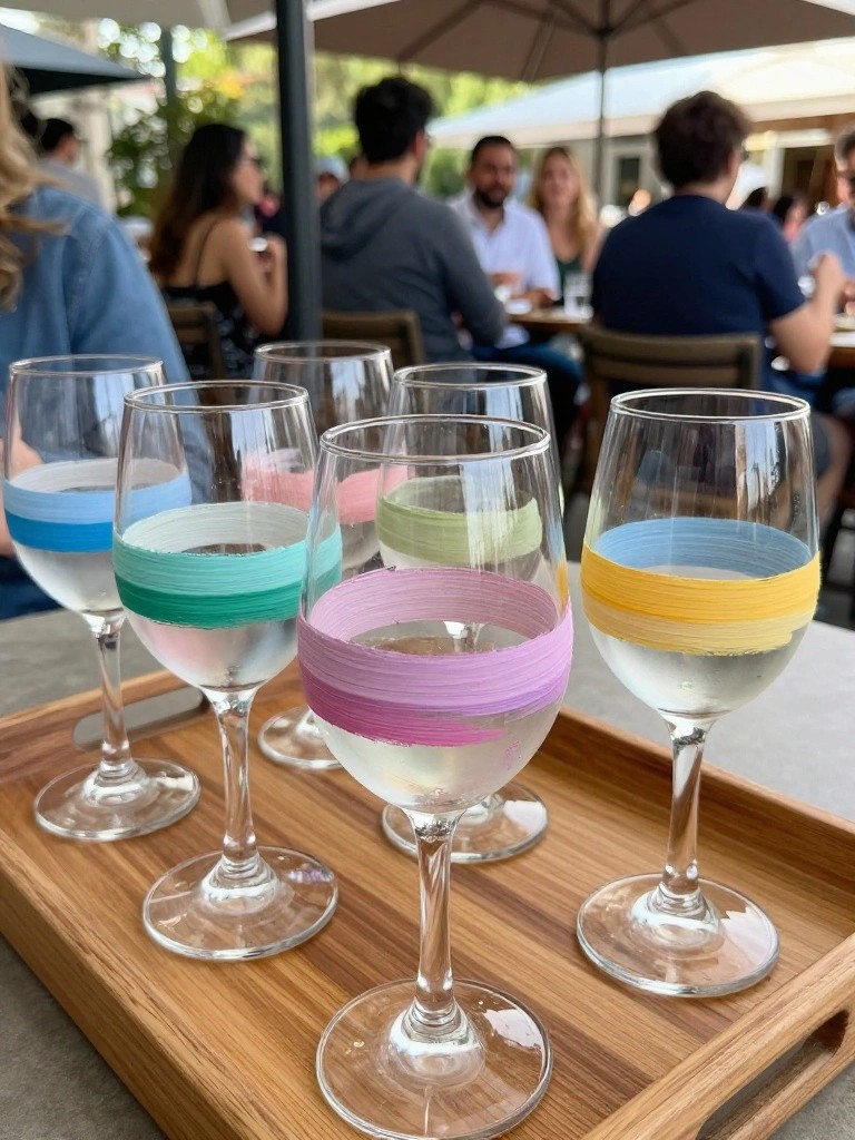 Wine glasses with blue, teal, green, purple, and yellow bands on wooden tray outdoors