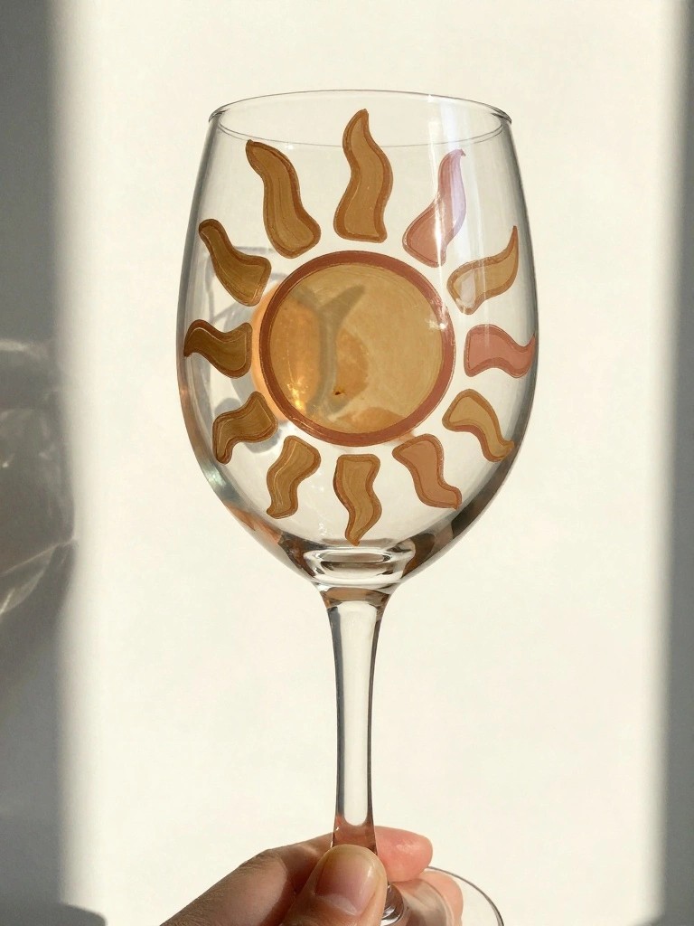 A clear wine glass held by a hand, featuring a painted sun design with a central circle and wavy rays in brown and orange tones on the bowl.