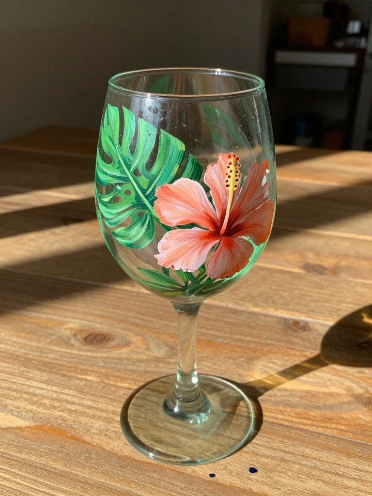 A clear wine glass painted with an orange hibiscus flower and green monstera leaves sitting on a wooden table.