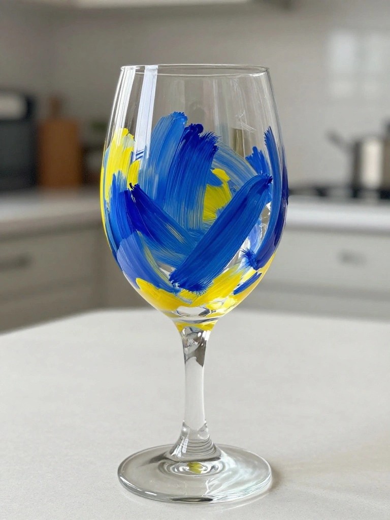Stemmed wine glass with abstract blue and yellow brushstrokes on counter