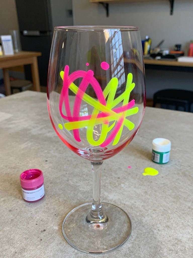Wine glass with pink and neon yellow abstract paint strokes on countertop