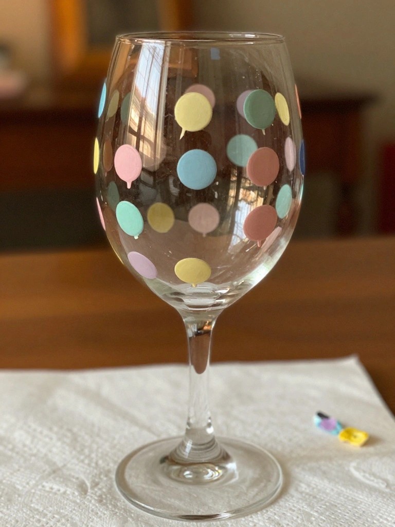 Wine glass with pastel balloon decals on white napkin over wood table