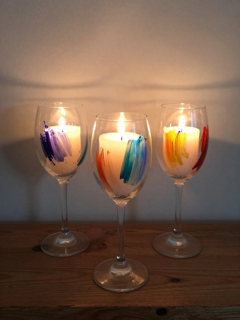 Three colorful painted wine glasses with lit candles on wooden table