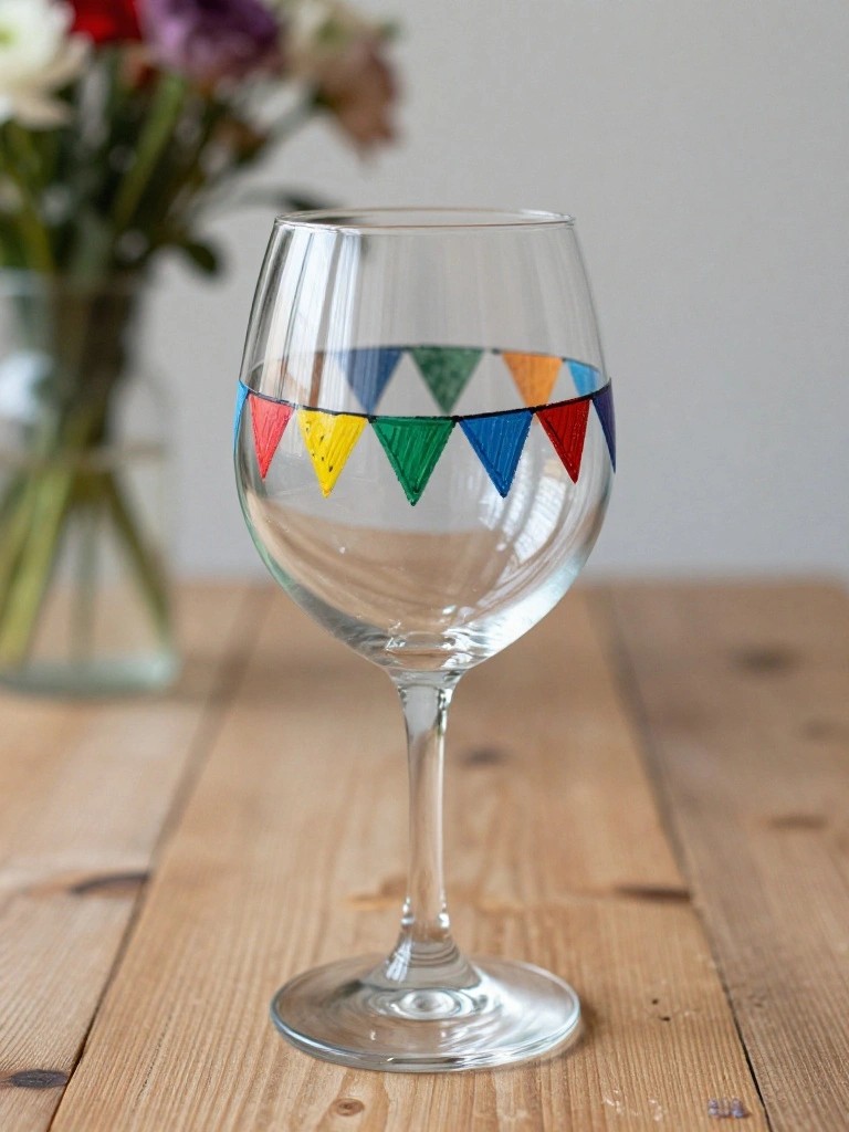 Clear wine glass with colorful bunting painted around bowl on wooden table