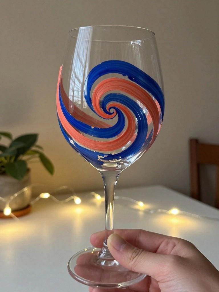 Hand holding clear wine glass with blue and coral spiral design