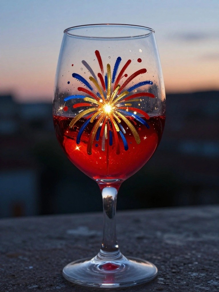 Wine glass of red wine with colorful firework design glowing at sunset