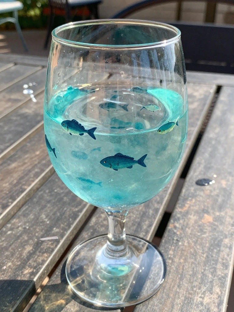 Wine glass with turquoise liquid and fish designs on wooden table