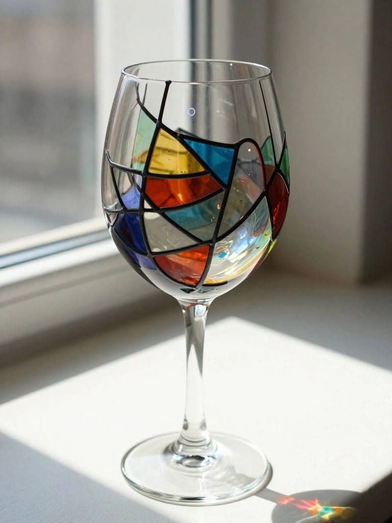 Stained glass wine goblet on sunny windowsill casting colorful light reflections