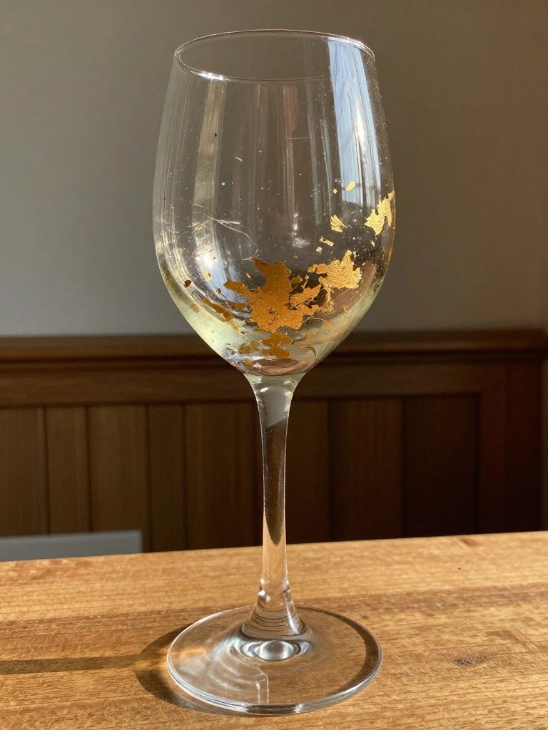 Wine glass with irregular gold foil accents on wooden table
