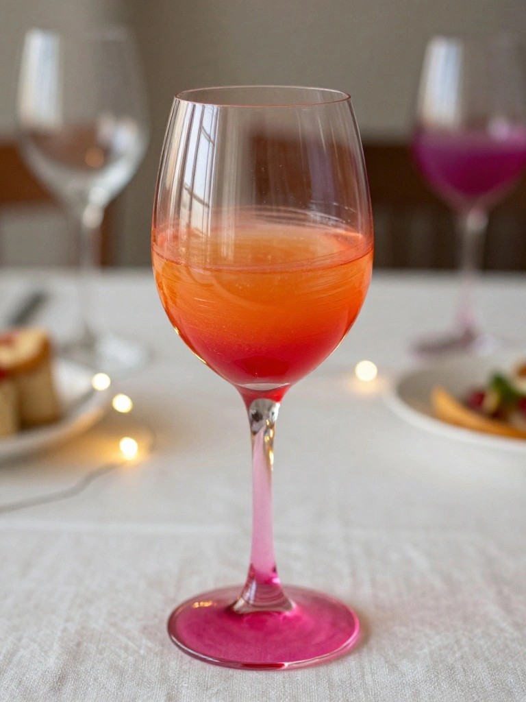 Gradient red-orange cocktail in pink-stemmed wine glass on white tablecloth