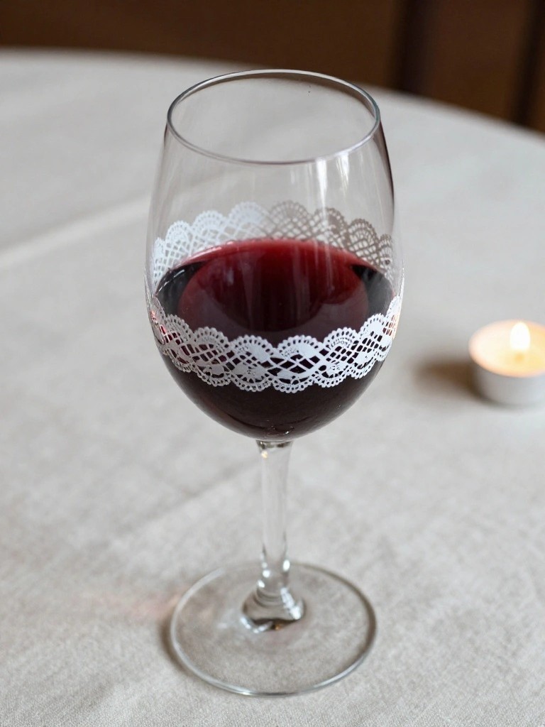 Stemmed glass of red wine with white lace design on tablecloth near lit candle.