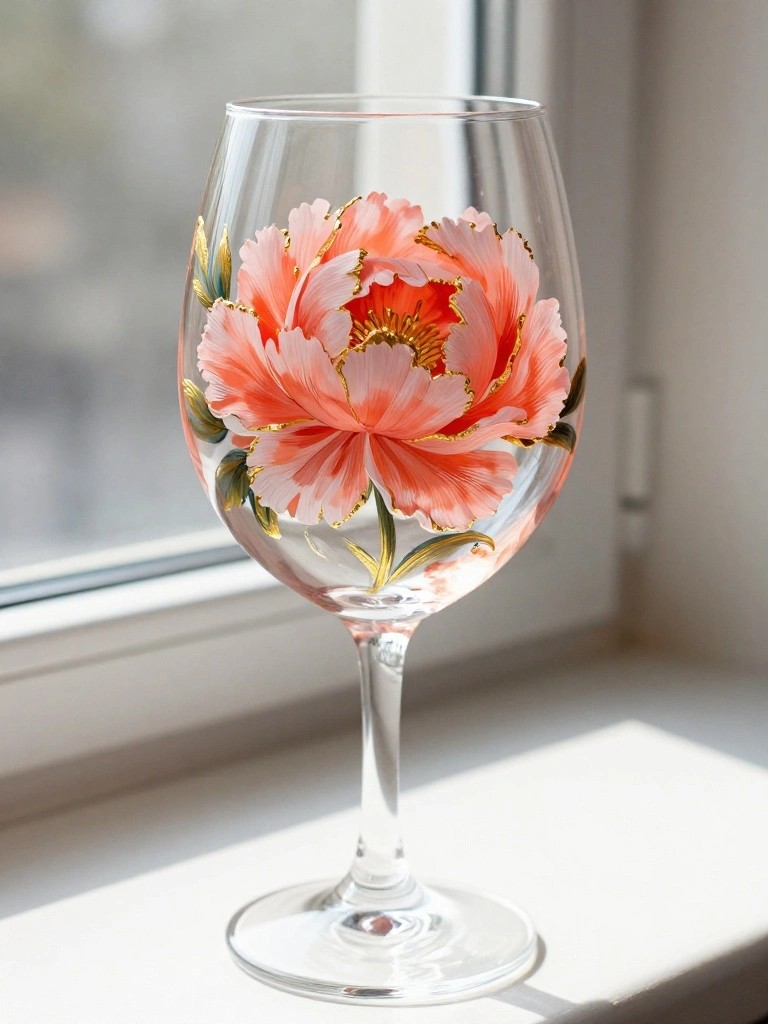 A clear wine glass with a large coral peony flower painted on the bowl, featuring gold outlines and green leaves, sitting on a windowsill.