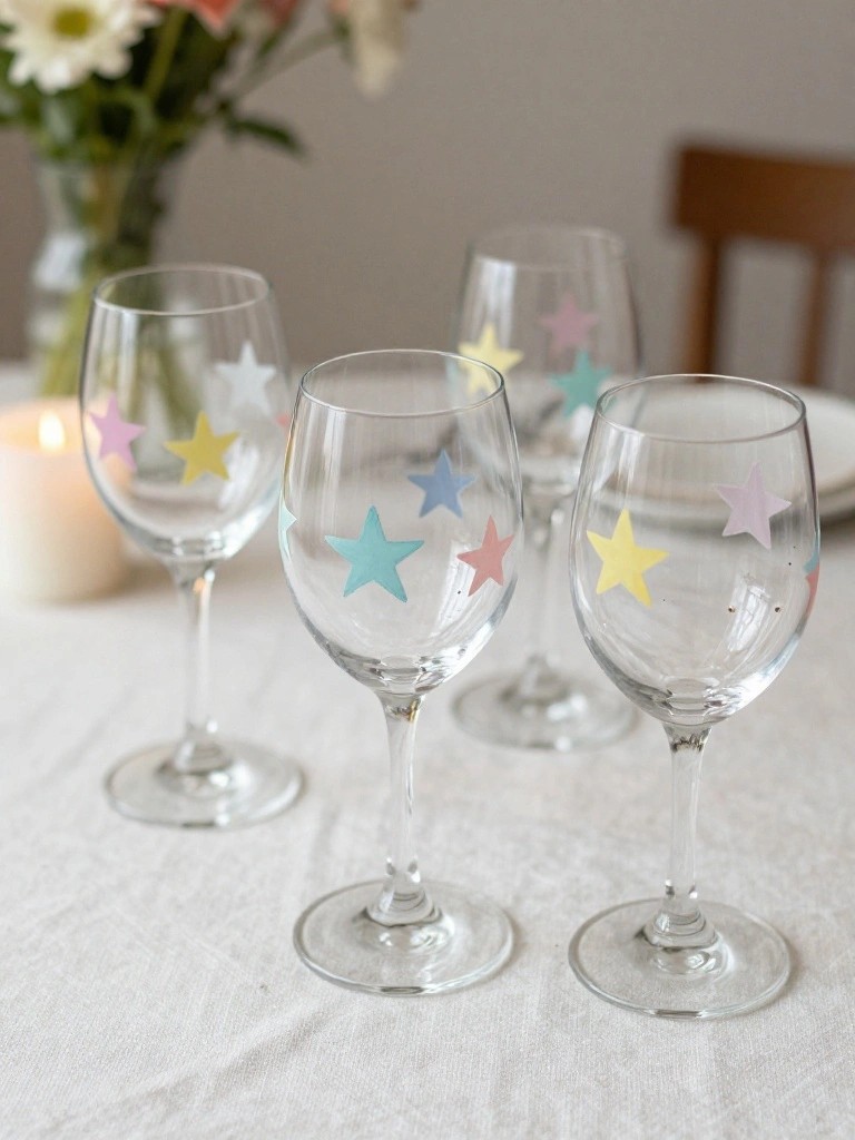 Four clear wine glasses with pastel star designs stand on a white tablecloth beside a lit candle and a vase of flowers.