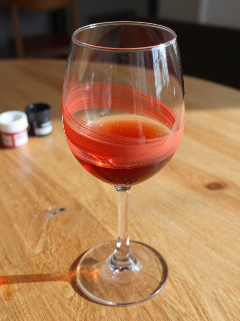 Wine glass with red liquid and smeared red streaks on wooden table