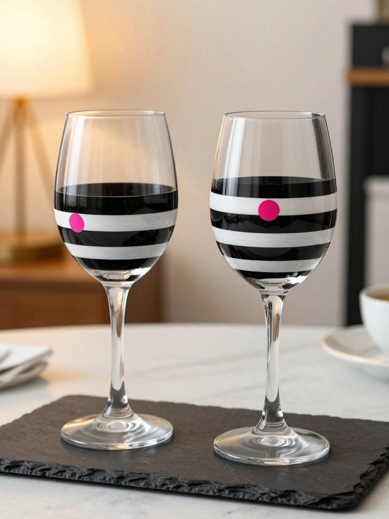 Two wine glasses with black-white stripes and pink dots on a slate tray.