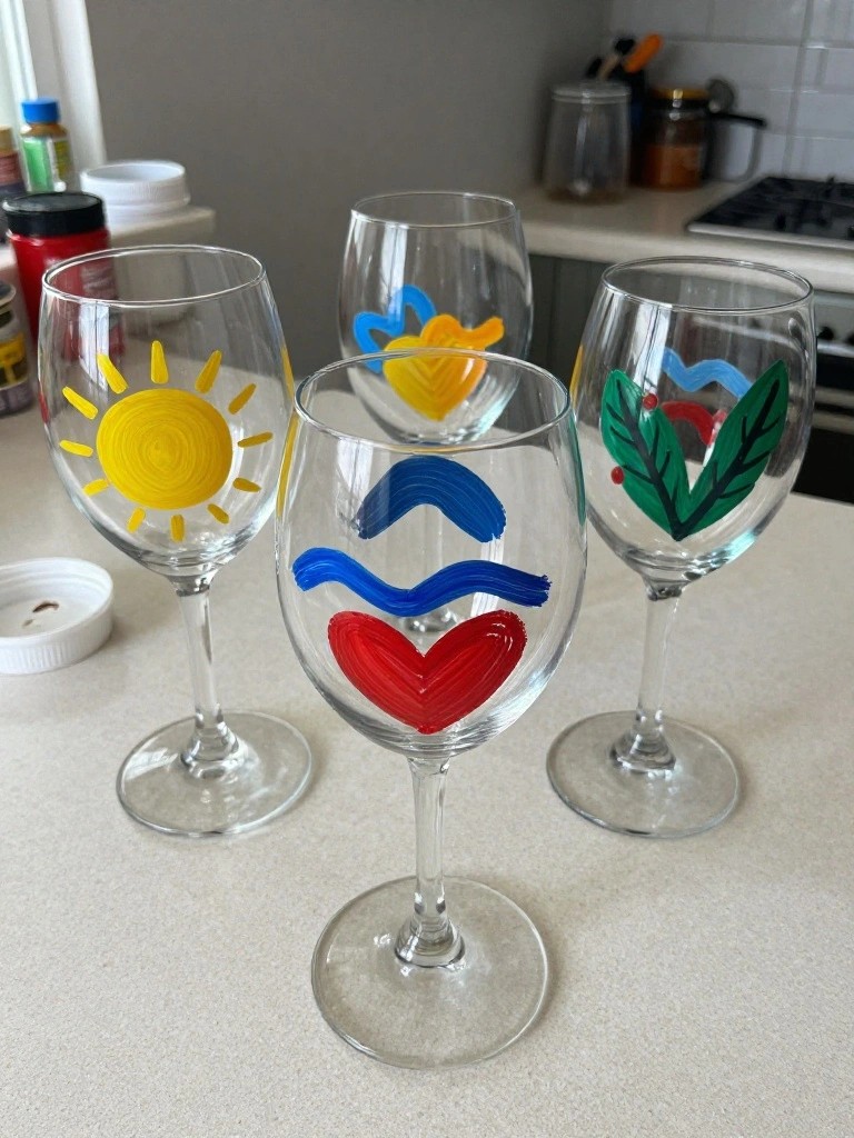 Four wine glasses on counter painted with sun, heart, waves, and leaf designs