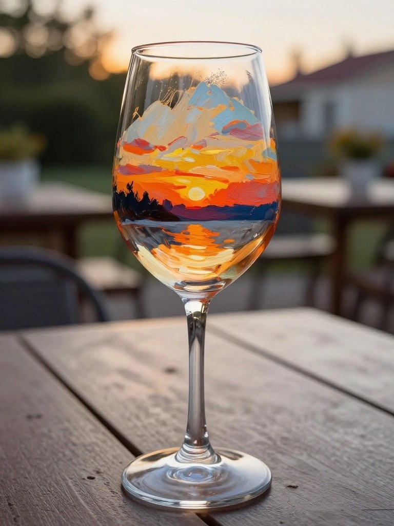 Wine glass with vibrant sunset mountain painting on wooden outdoor table