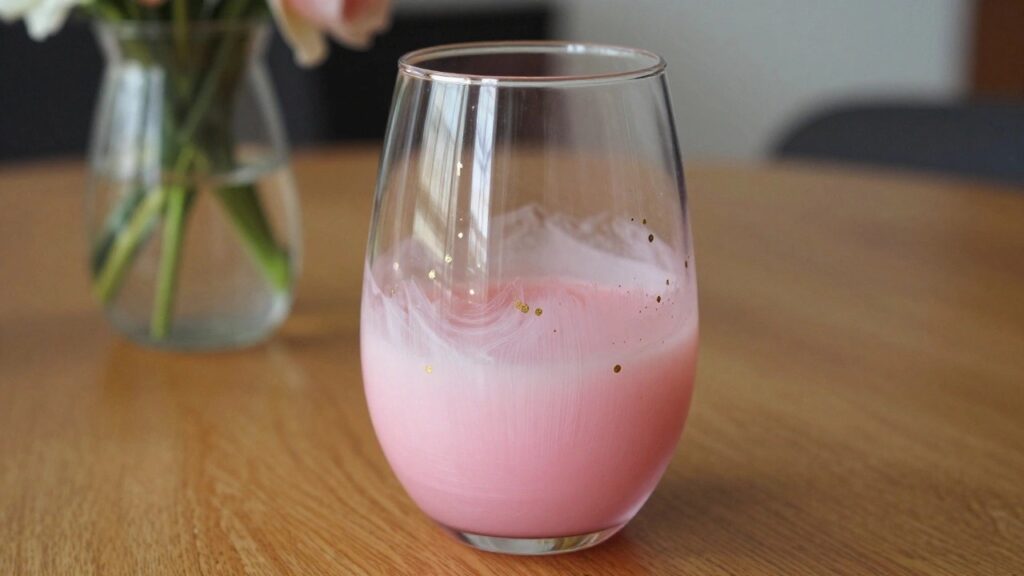 24 Chic Glass Cup Painting Ideas for Bridal Shower Party Favors A clear wine glass with small gold dots painted on the bowl and a gold rim sits on a wooden table, filled with a pink drink.