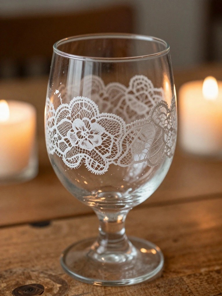 Clear glass goblet with white etched lace floral pattern on wooden table with candles.