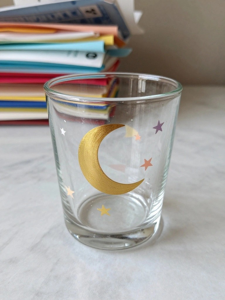 Clear glass cup with gold crescent moon and colorful stars on white surface