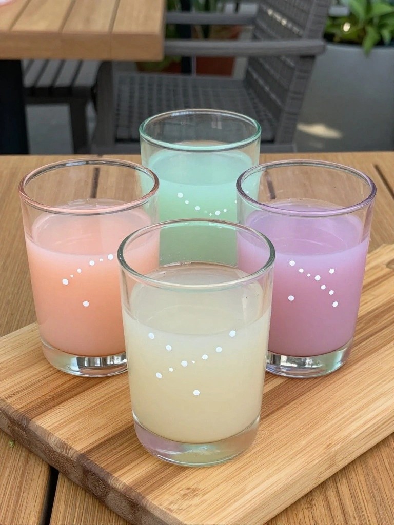 Four short clear glasses painted in pastel colors sit on a wooden board, each decorated with a curved line of white dots.