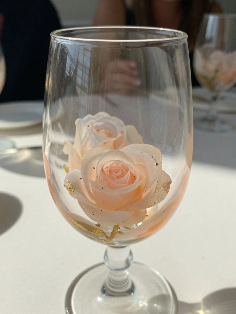 Wine glass with pale pink rose and gold foil accents on table