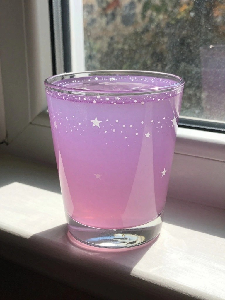 Glass of purple-pink gradient liquid with white stars on sunny windowsill