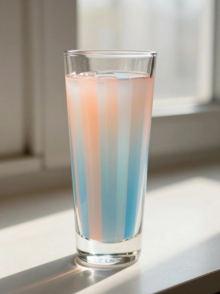 Tall glass with vertical pastel peach blue and white striped liquid on windowsill.