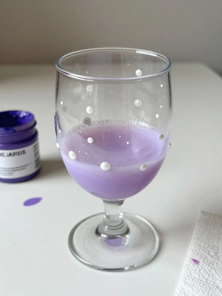 Clear wine glass with white dots on the exterior, filled with purple substance, next to a jar of purple paint.