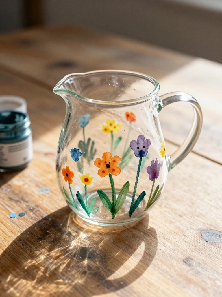 Hand-painted glass pitcher with colorful flowers on sunlit wooden table