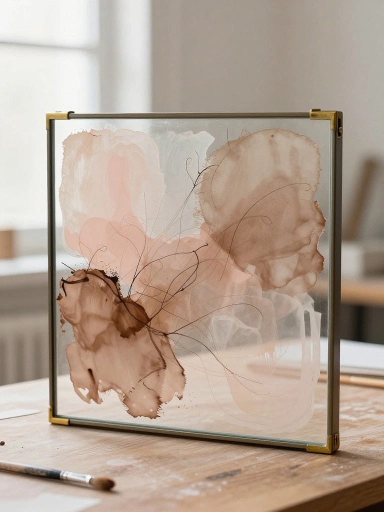 Abstract beige-brown ink wash artwork in brass-framed glass on wooden table