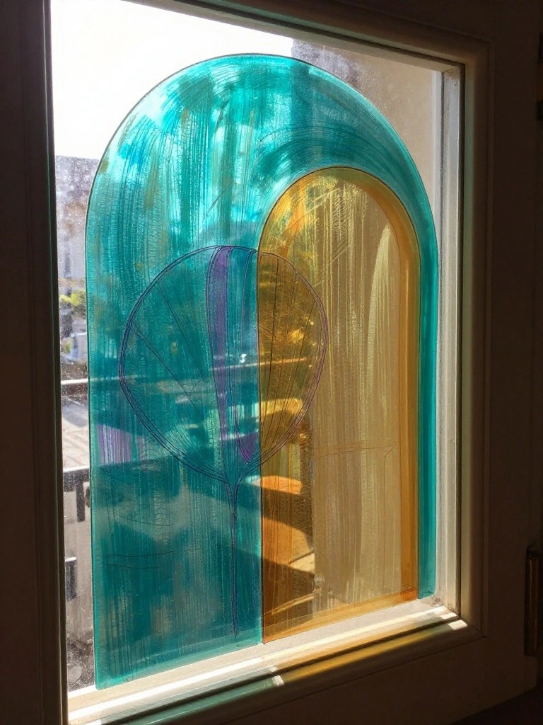 Arched window with turquoise and amber glass panels featuring a leaf design.