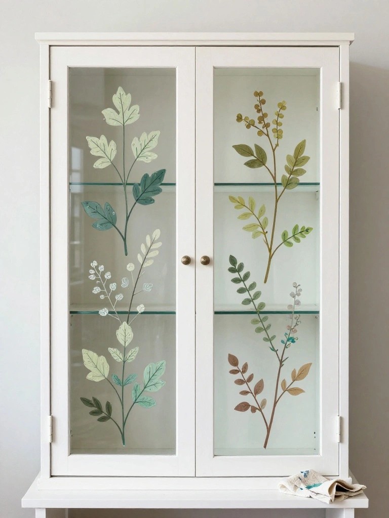 White cabinet with glass doors hand-painted with colorful botanical leaf designs.