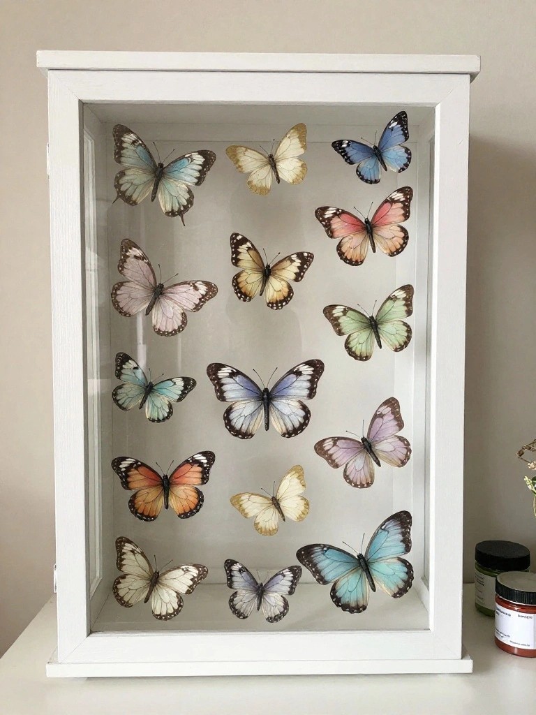 White display case filled with colorful butterflies of various sizes and patterns.