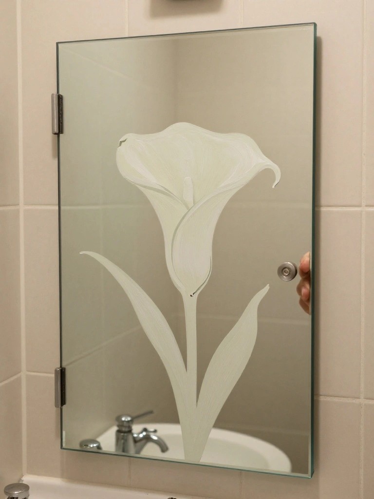 Glass cabinet door with frosted white calla lily etching over bathroom sink