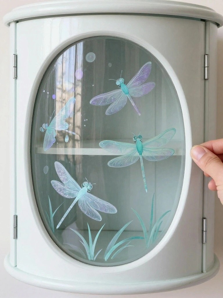 Light green cabinet with oval glass door painted with pastel dragonflies and reeds, hand opening it.