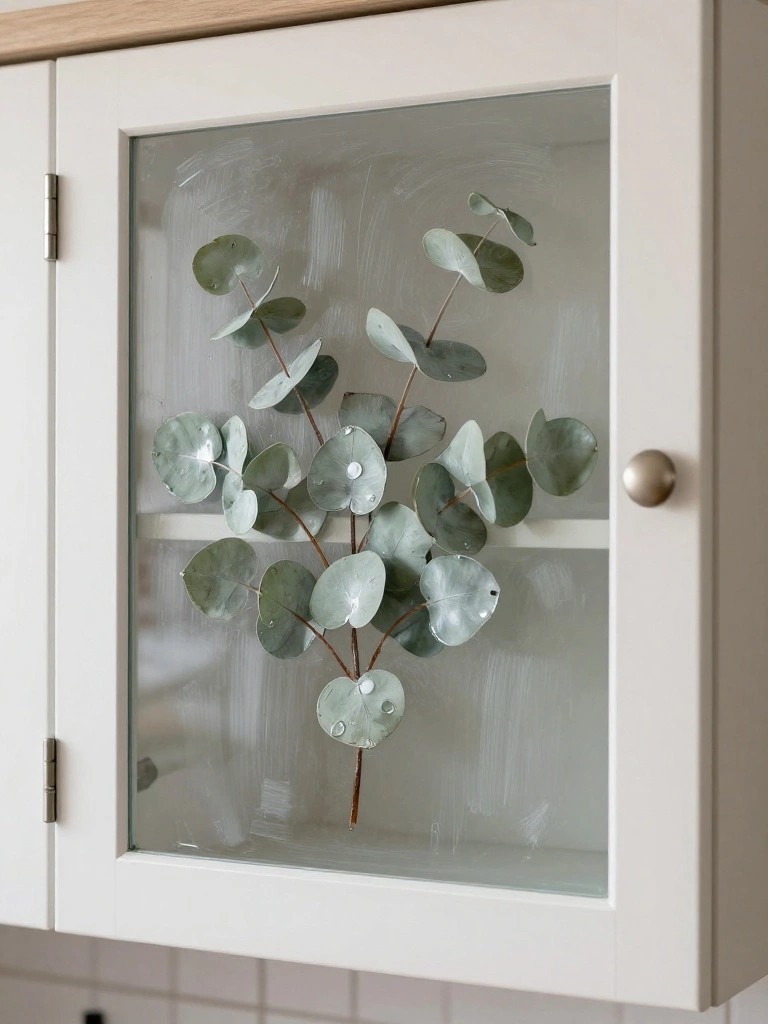 White cabinet glass door with silver eucalyptus branch and water droplets