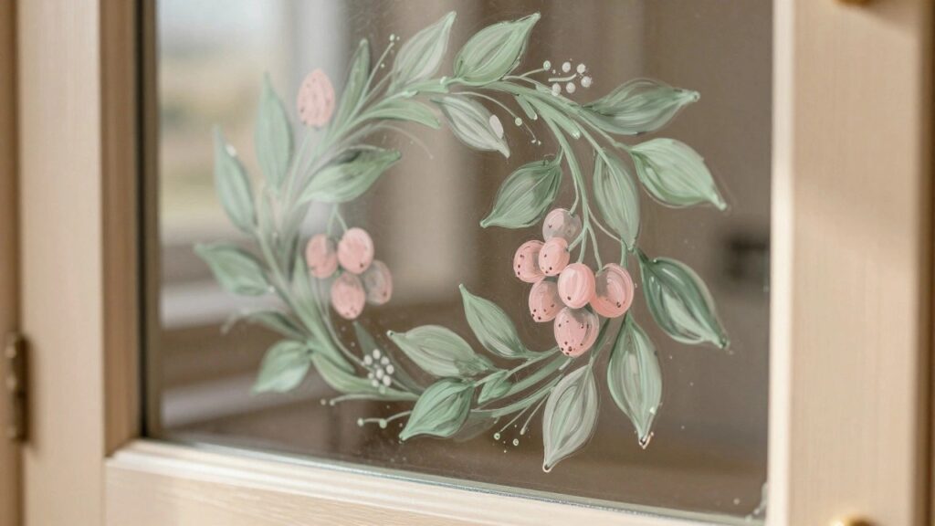 25 Elegant Glass Painting Designs for Decorative Cabinet Doors White cabinet glass door with hand-painted green leaf wreath and pink berries