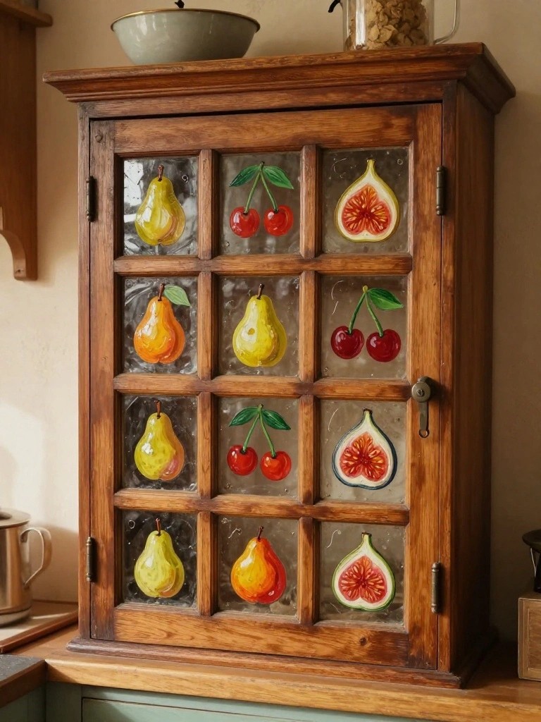 Rustic wooden cabinet with glass panels painted with pears, cherries, and figs.