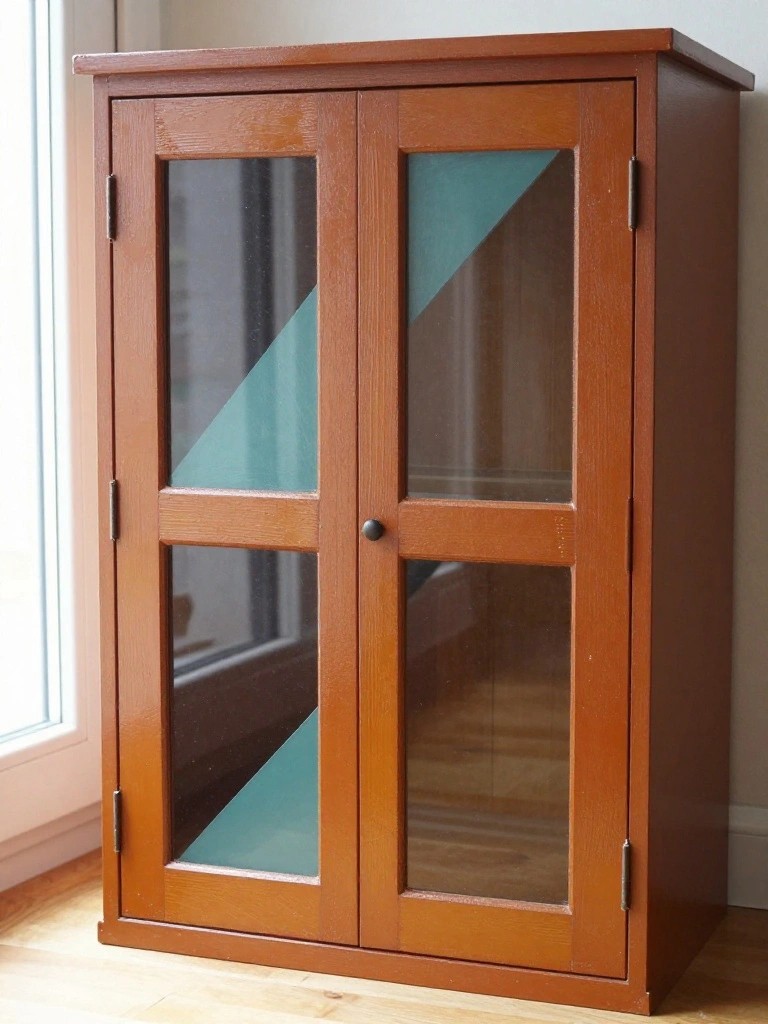 Wooden cabinet with two glass doors showing painted teal diagonal triangles on each panel.