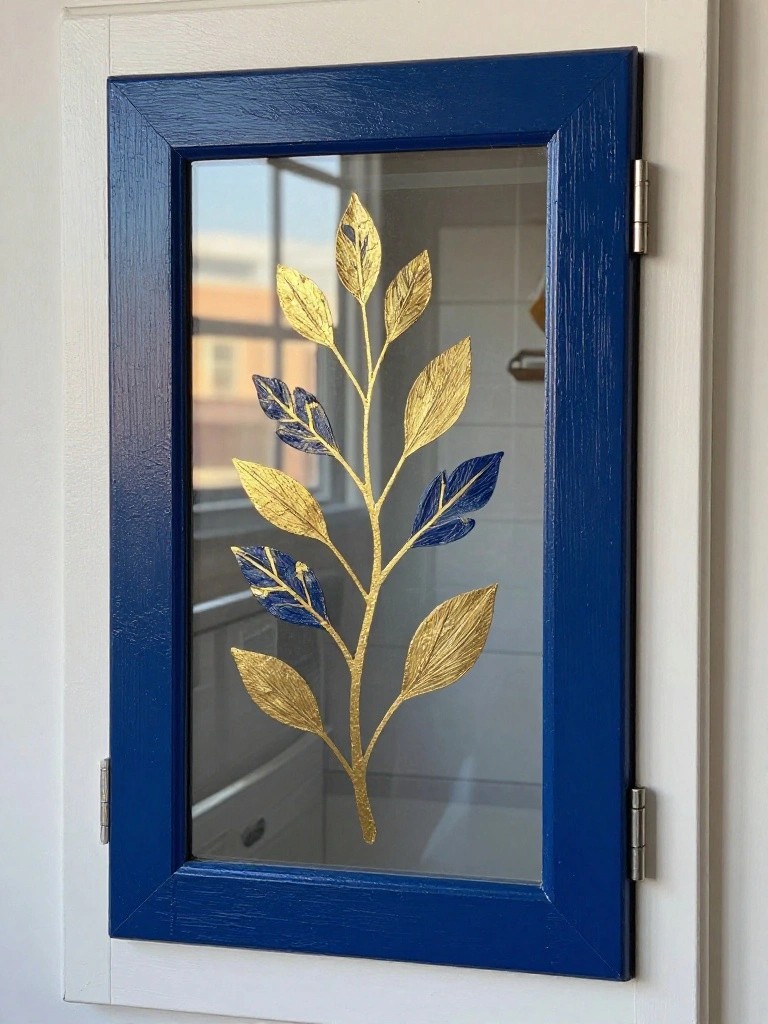 Blue cabinet door with glass panel and gold-blue leaf design.